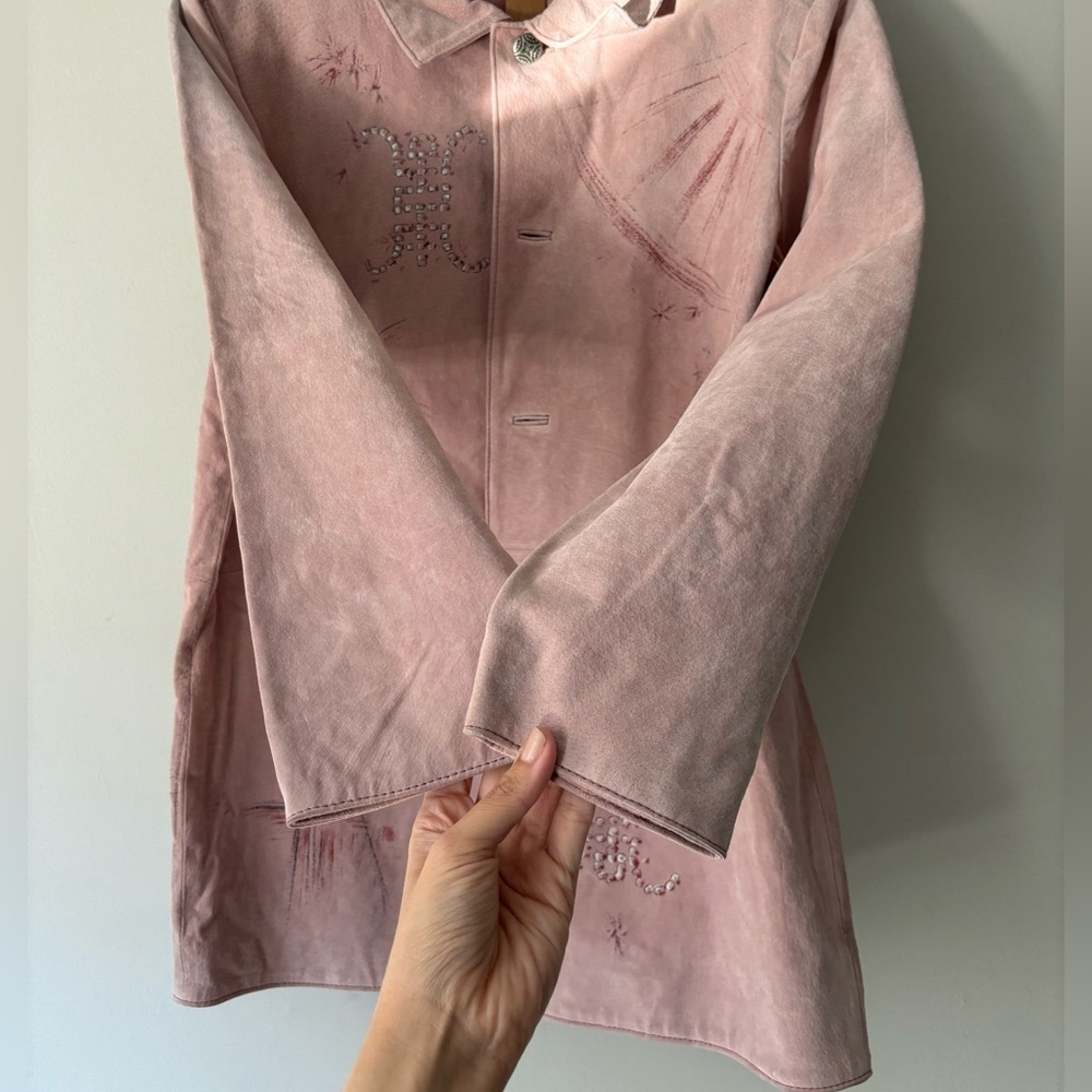 Vintage Ethereal Pastel Pink Painted Geisha Retro Indie Midi Suede Jacket Large - Picture 11 of 14
